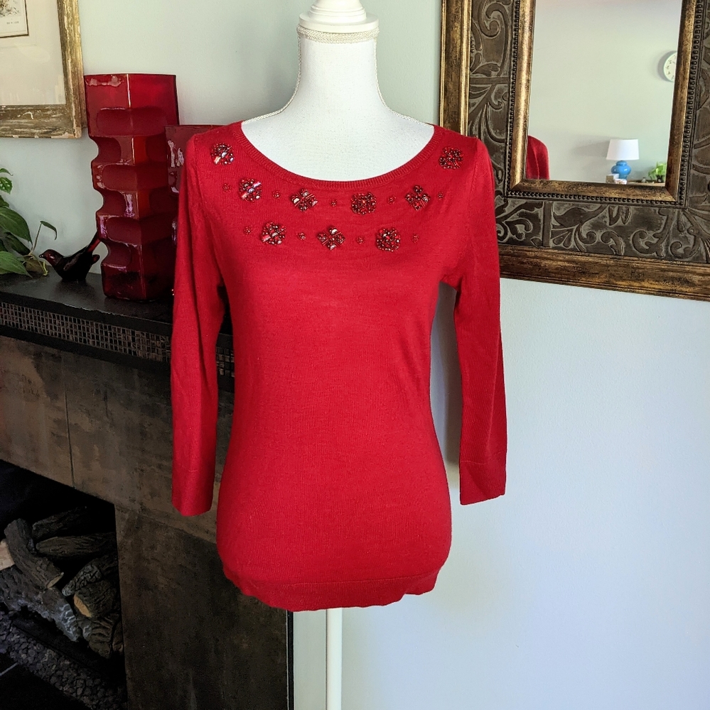Talbots Womens XS Red MerinoWool Jewel Neckline 3/4Sleeve Light Sweater Top 156
